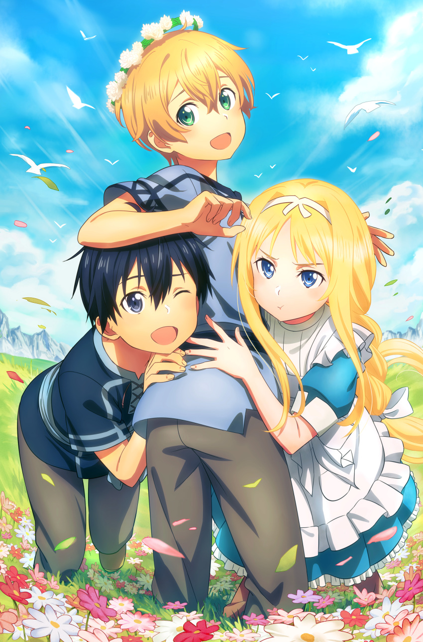 1girl 2boys absurdres alice_schuberg black_eyes black_hair blonde_hair blue_eyes braid braided_ponytail eugeo fcc flower green_eyes hairband highres kirito long_hair multiple_boys short_hair sword_art_online sword_art_online_alicization white_hairband