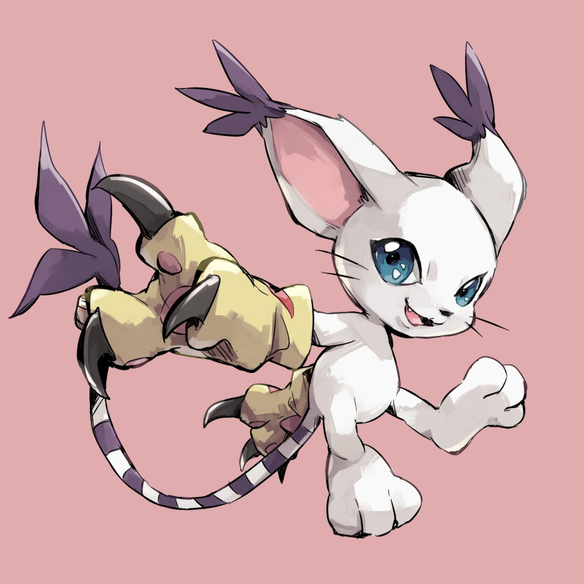 12takase14 1:1 black_nose blue_eyes claws clothing digimon digimon_(species) ear_tuft fangs female gatomon gloves handwear hi_res markings open_mouth pawpads pink_background pink_pawpads purple_markings semi-anthro simple_background smile solo tail_markings tail_tuft tongue tuft whiskers white_body