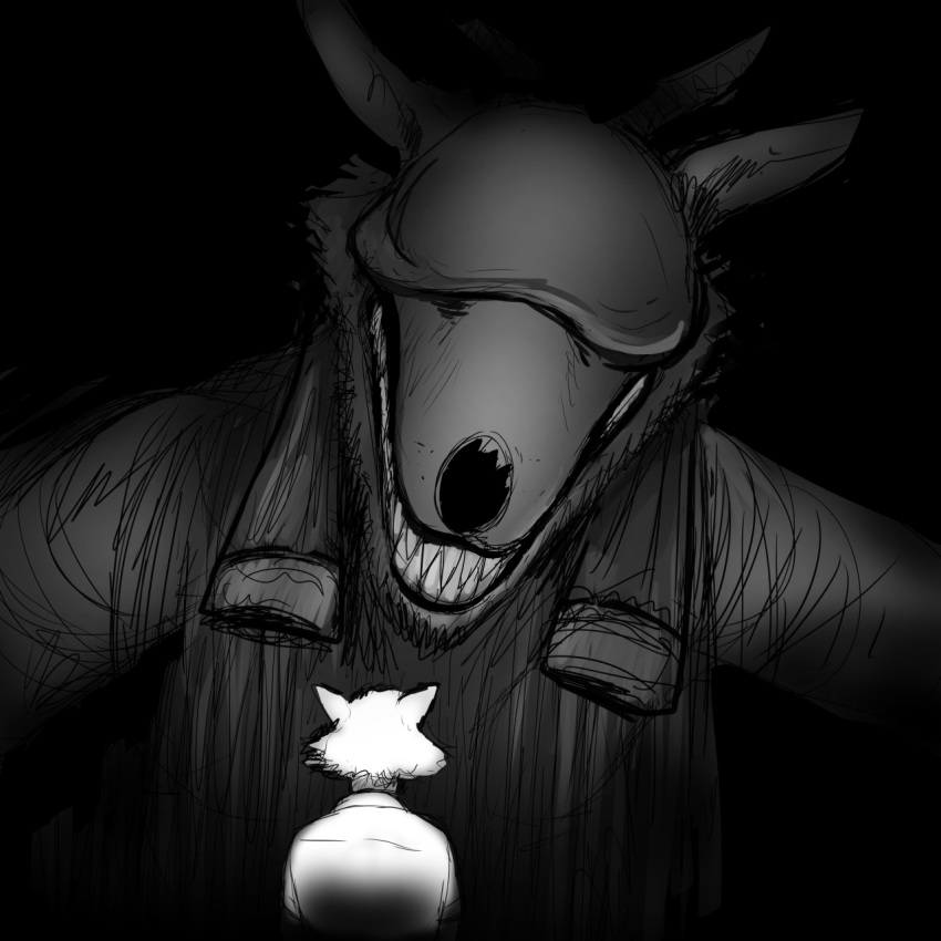 1:1 anthro beast_(bloodborne) beastars blindfold bloodborne canid canine canis comic duo female fromsoftware hi_res hladilnik legoshi_(beastars) macro male mammal monochrome scary sharp_teeth size_difference sony_corporation sony_interactive_entertainment teeth vicar_amelia video_games wolf