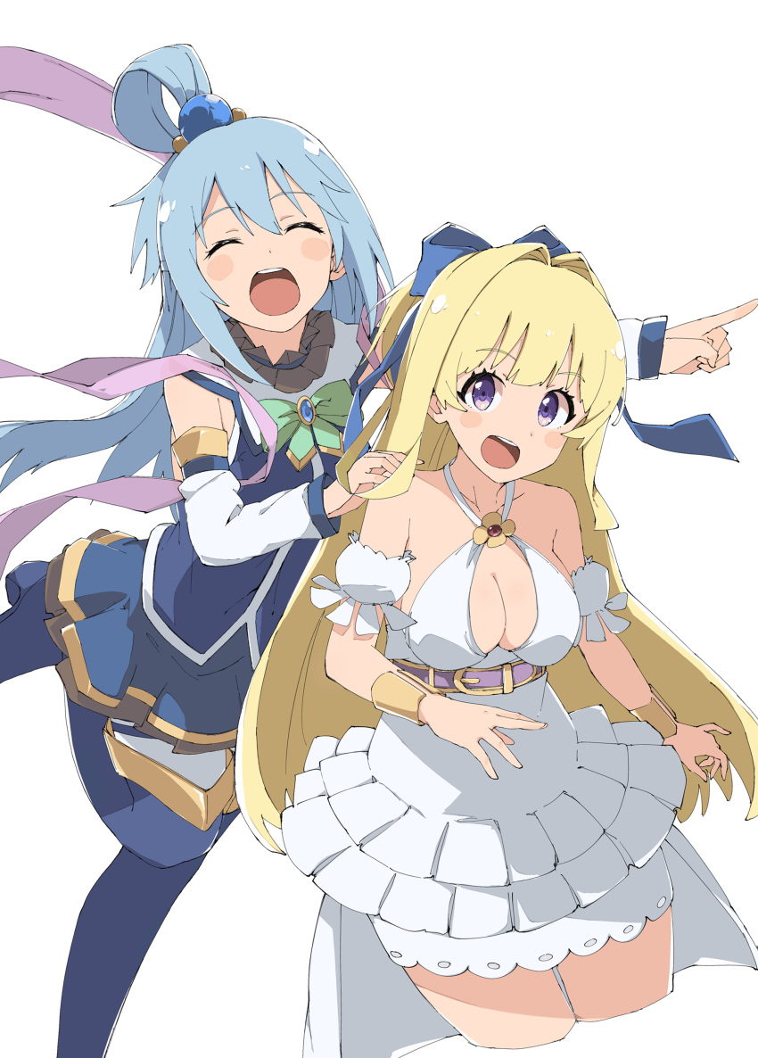 2girls :d ^_^ ^o^ absurdres aqua_(konosuba) blonde_hair blue_eyes blue_hair blush_stickers breasts cleavage closed_eyes collaboration dress goddess happy highres kono_subarashii_sekai_ni_shukufuku_wo! kono_yuusha_ga_ore_tueee_kuse_ni_shinchou_sugiru looking_at_viewer medium_breasts multiple_girls open_mouth rauto ristarte_(kono_yuusha_ga_ore_tueee_kuse_ni_shinchou_sugiru) simple_background skirt smile trait_connection white_background