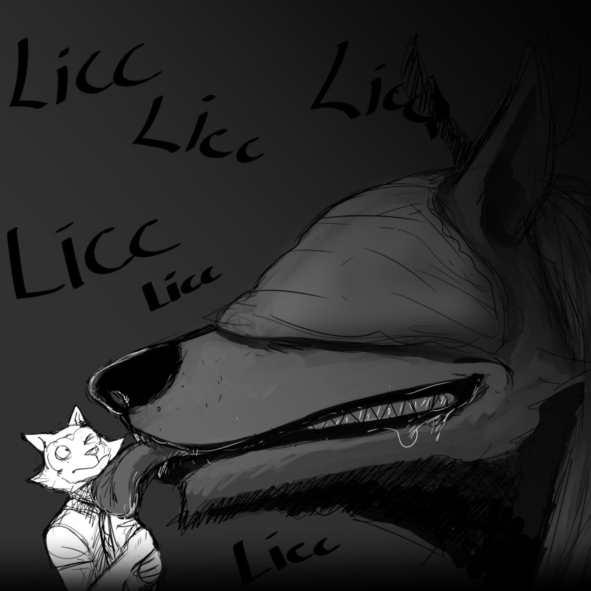 1:1 anthro beast_(bloodborne) beastars blindfold bloodborne bodily_fluids canid canine canis comic drooling duo face_lick female food fromsoftware hi_res hladilnik holding_food holding_object legoshi_(beastars) licking male mammal monochrome saliva sandwich_(food) sharp_teeth sony_corporation sony_interactive_entertainment teeth tongue tongue_out vicar_amelia video_games wolf