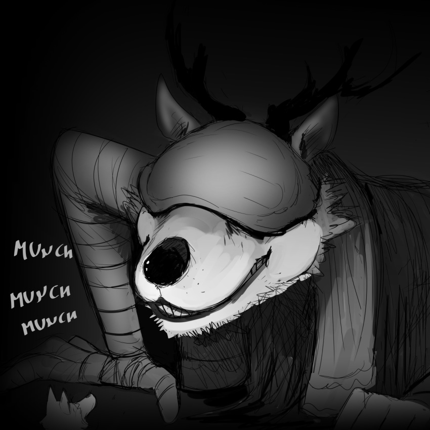 1:1 anthro antlers beast_(bloodborne) beastars blindfold bloodborne canid canine canis chewing comic duo eating female food fromsoftware hi_res hladilnik horn legoshi_(beastars) male mammal monochrome sharp_teeth smile sony_corporation sony_interactive_entertainment teeth vicar_amelia video_games wolf