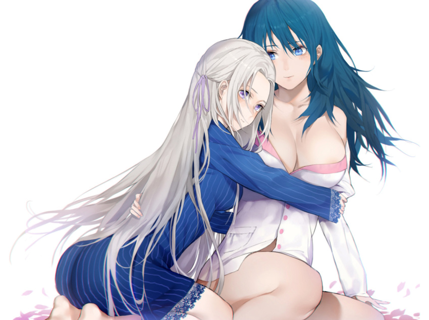 2girls bangs barefoot blue_eyes blue_hair blush breasts byleth_(fire_emblem) byleth_(fire_emblem)_(female) cleavage closed_eyes collarbone edelgard_von_hresvelg eyebrows_visible_through_hair fire_emblem fire_emblem:_three_houses hair_ribbon hug kneeling large_breasts long_hair long_sleeves looking_at_another looking_at_viewer medium_breasts multiple_girls neee-t no_pants pajamas petals purple_eyes purple_ribbon ribbon silver_hair simple_background sitting smile straight_hair very_long_hair white_background yuri