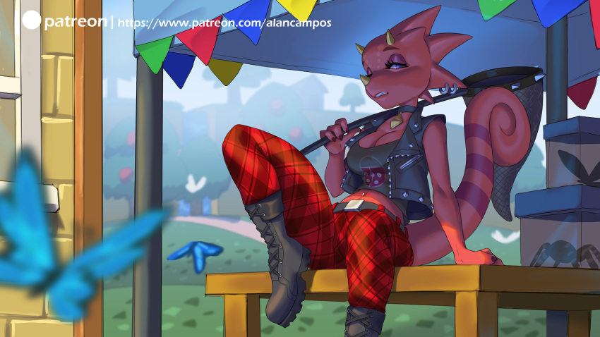 16:9 2020 alanscampos animal_crossing anthro arthropod belt boots bottomwear breasts butterfly chameleon cleavage clothed clothing crossgender digital_media_(artwork) eyelashes female flick_(animal_crossing) footwear furniture hi_res holding_object horn insect jacket lepidopteran lizard looking_at_viewer mtf_crossgender net nintendo non-mammal_breasts outside pants patreon reptile scalie shirt sitting solo table text topwear url video_games widescreen