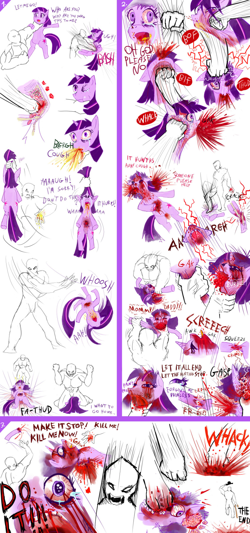 absurd_res angry beating begging_for_mercy blood bodily_fluids bone_breaking brains close-up clothing comic cutie_mark death duo english_text equid eyeball female friendship_is_magic gore grotesque_death hat hate_art headgear headwear hi_res horn human killing male mammal mane my_little_pony nightmare_fuel pleading punch purple_body purple_eyes purple_mane purple_tail screaming severed_limb silhouette simple_background stomping tears text throwing_character top_hat torture twilight_sparkle_(mlp) unicorn unicorn_horn unknown_artist vomit vomiting_blood walking_away white_background x-ray