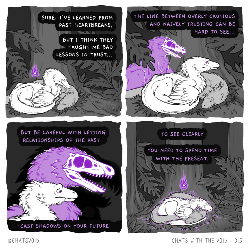 1:1 absurd_res ambiguous_gender bone comic dialogue dinosaur dromaeosaurid english_text feral hi_res leaf outside purple_body reptile scalie skull skullbird spirit text theropod tree velociraptor