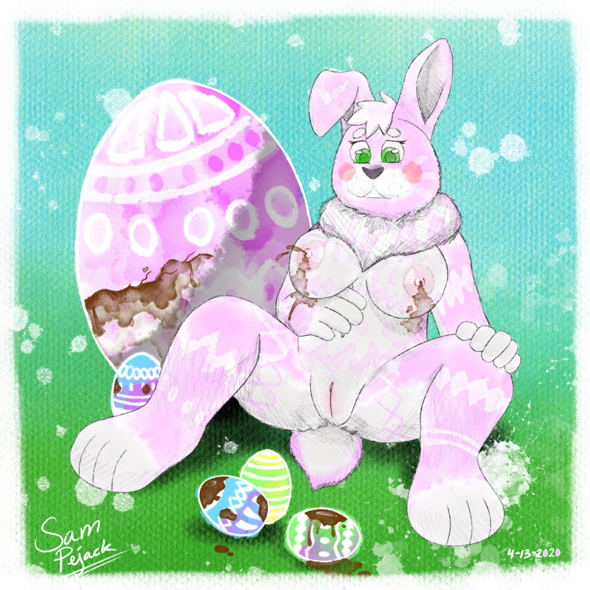 1:1 breasts candy chocolate chocolate_milk easter easter_bunny easter_egg female food fur genitals hi_res holidays lagomorph leporid mammal pink_body pink_fur pussy rabbit samuel_pejack white_body white_fur