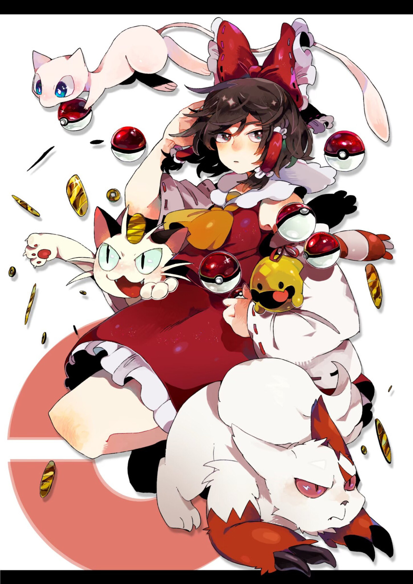 1girl bow brown_hair chingling coin commentary damenaito detached_sleeves frills full_body gen_1_pokemon gen_3_pokemon gen_4_pokemon hair_bow hair_tubes hakurei_reimu hand_up highres long_sleeves looking_at_viewer meowth mew poke_ball poke_ball_symbol pokemon pokemon_(creature) red_bow red_shirt red_skirt shirt skirt sparkle touhou white_background wide_sleeves yellow_neckwear zigzagoon