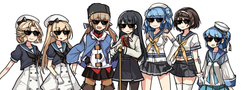 1girl 6+girls aqua_neckwear aqua_skirt arm_warmers asashio_(kantai_collection) belt black_bow black_hair black_headwear black_legwear black_neckwear black_ribbon black_skirt blonde_hair blouse blue_hair blue_sailor_collar blue_shawl blush bow breasts brown_eyes brown_hair dixie_cup_hat double_bun dress elbow_gloves eyebrows_visible_through_hair gloves hair_between_eyes hair_bow hair_ornament hair_ribbon hairband hairclip hat hat_ribbon highres jacket janus_(kantai_collection) jervis_(kantai_collection) kantai_collection kuroinu9 large_breasts long_hair long_sleeves looking_at_viewer low_twintails military_hat miniskirt multiple_girls neckerchief open_mouth pantyhose papakha pinafore_dress pleated_skirt red_shirt remodel_(kantai_collection) ribbon ribbon_trim sailor_collar sailor_dress sailor_hat samuel_b._roberts_(kantai_collection) scarf school_uniform serafuku shawl shirt short_hair short_sleeves simple_background skirt sleeve_cuffs sleeves_rolled_up small_breasts smile star sunglasses tanikaze_(kantai_collection) tashkent_(kantai_collection) thighhighs torn_scarf twintails untucked_shirt urakaze_(kantai_collection) white_background white_blouse white_dress white_gloves white_headwear white_jacket white_legwear white_scarf white_shirt yellow_neckwear