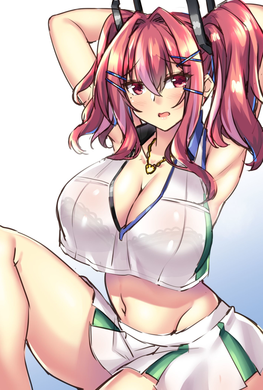 1girl armpits arms_up azur_lane bangs bare_shoulders blush bow breasts bremerton_(azur_lane) bremerton_(scorching-hot_training)_(azur_lane) commentary_request crop_top crop_top_overhang eyebrows_visible_through_hair grey_hair groin hair_between_eyes hair_bow hair_ornament hairclip heart heart_necklace highres large_breasts long_hair looking_at_viewer mole mole_under_eye multicolored_hair navel pink_hair shirokuma_a sitting sportswear streaked_hair tennis_uniform twintails two-tone_hair two-tone_shirt two-tone_skirt wavy_mouth x_hair_ornament