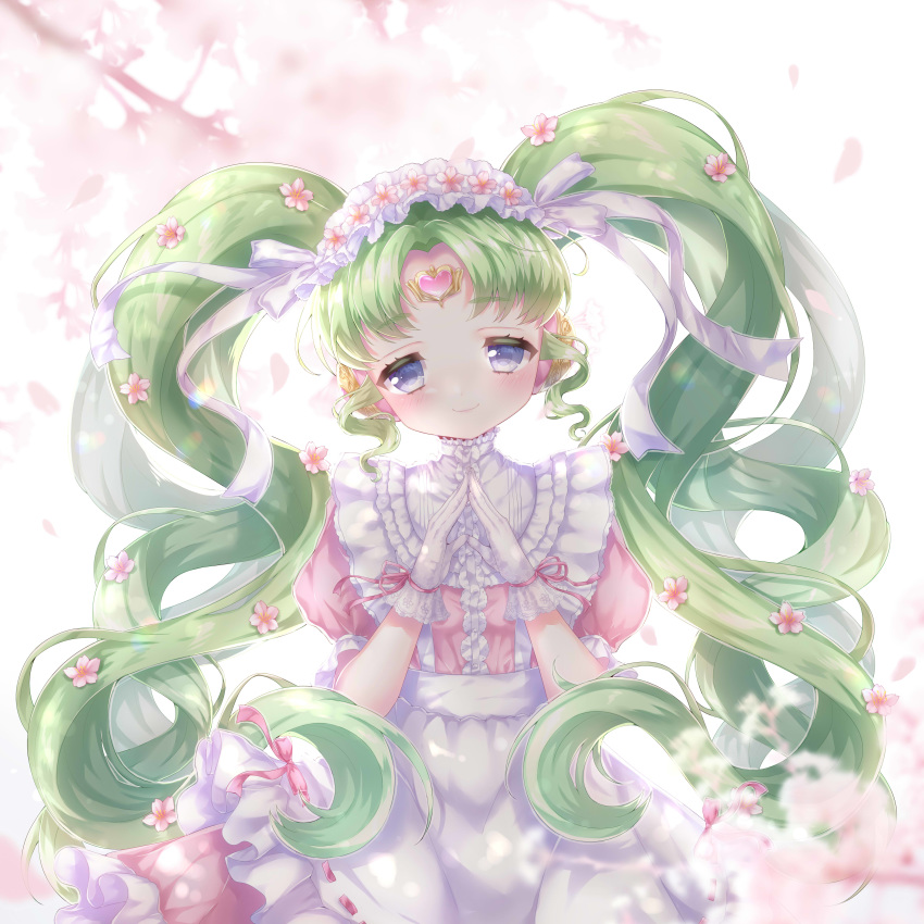 1girl absurdres aki_(akinyaaaaa) apron bangs blue_eyes blush center_frills cherry_blossoms commentary_request curly_hair dress falulu flower forehead_jewel frilled_apron frilled_dress frilled_sleeves frills gloves hair_flower hair_ornament hairband headphones highres lolita_fashion lolita_hairband looking_at_viewer parted_bangs petals pink_dress pink_flower pink_ribbon pretty_(series) pripara ribbon ribbon-trimmed_apron ribbon_trim short_sleeves sidelocks smile solo steepled_fingers sweet_lolita twintails waist_apron white_apron white_gloves white_hairband white_ribbon