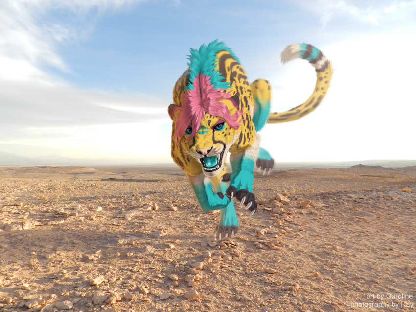 2020 4_toes blue_eyes cheetah day detailed_background digital_media_(artwork) felid feline hair kero_tzuki mammal open_mouth outside pink_hair sky teeth toes tongue