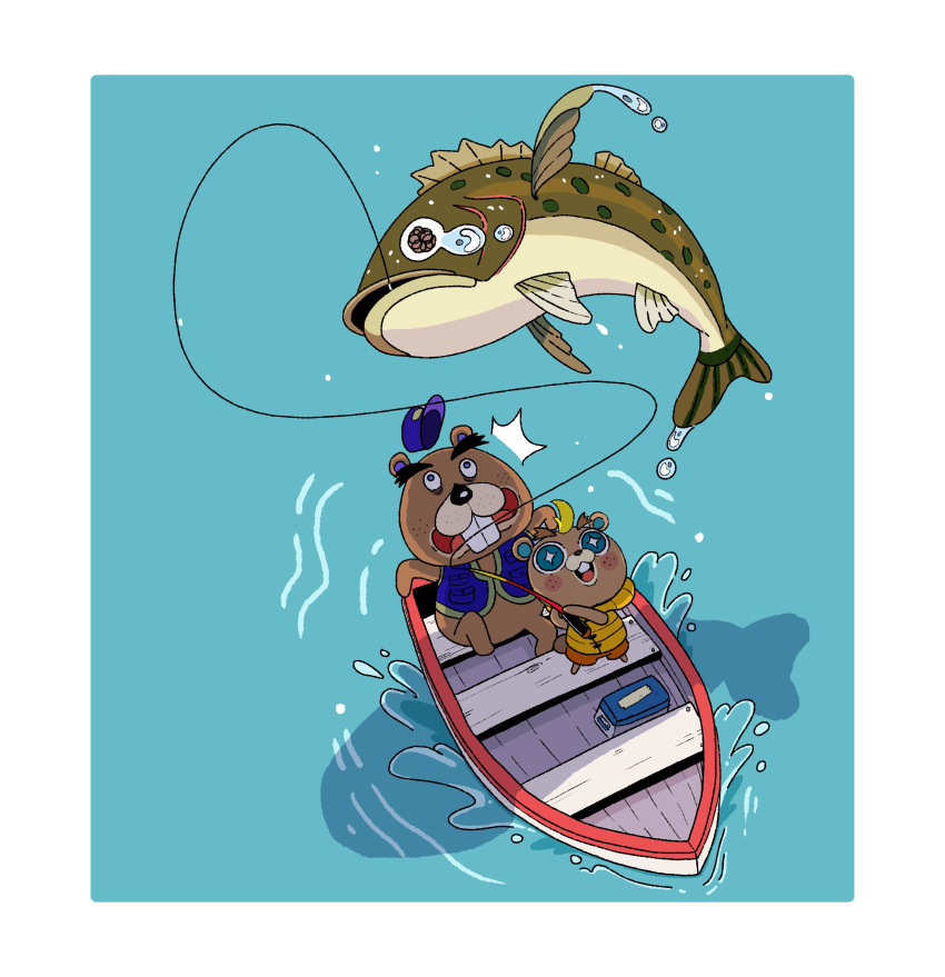 absurd_res animal_crossing anthro bass_(disambiguation) beaver blonde_hair blush boat border buckteeth c.j._(animal_crossing) chip_(animal_crossing) comic duo excited father father_and_child father_and_son fish fishing fishing_rod hair hi_res lake male mammal marine nintendo paper_machette parent parent_and_child rodent son teeth vehicle video_games watercraft white_border