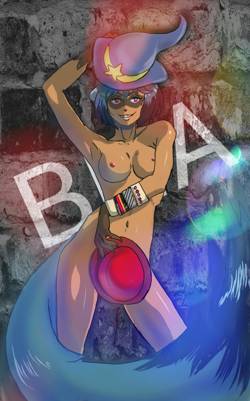 2020 absurd_res anthro black_body black_fur black_hair blue_body blue_fur blue_hair bracelet brand_new_animal breasts brown_body brown_fur canid canine clothed clothing female fingers fluffy fluffy_tail fur hair hat_only headgear headwear hi_res holding_object jewelry mammal michiru_kagemori mostly_nude multicolored_body multicolored_fur multicolored_hair navel nipples osnach_kristina pink_eyes raccoon_dog smile solo studio_trigger tanuki