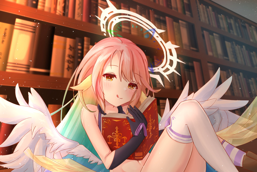 1girl 3d_background :q angel_wings aoki_chiaki bangs bare_shoulders black_gloves blush book bookshelf brown_footwear commentary_request crop_top elbow_gloves eyebrows_visible_through_hair feathered_wings floating gloves gradient_hair hair_between_eyes halo highres holding holding_book jibril_(no_game_no_life) kneehighs knees_up long_hair looking_at_viewer low_wings midriff mismatched_legwear multicolored multicolored_eyes multicolored_hair navel no_game_no_life open_book pink_hair rainbow_hair sash shirt sidelocks single_kneehigh single_thighhigh sleeveless sleeveless_shirt smile solo striped striped_legwear tattoo thighhighs tongue tongue_out very_long_hair white_legwear white_shirt white_wings wing_ears wings yellow_eyes yellow_sash