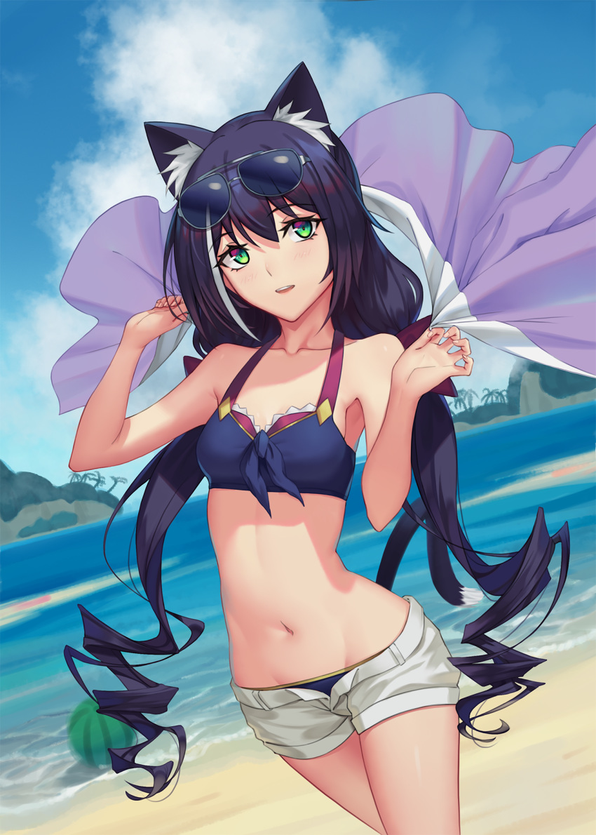 1girl animal_ear_fluff animal_ears bangs bare_arms bare_shoulders beach bikini bikini_under_clothes black-framed_eyewear blue_bikini blue_sky bow breasts cat_ears cat_girl cat_tail cloud collarbone cowboy_shot day drill_hair eyebrows_visible_through_hair eyewear_on_head food fruit green_eyes hair_bow highres holding holding_towel kyaru_(princess_connect) long_hair low_twintails multicolored_hair navel ocean open_clothes open_fly open_shorts outdoors parted_lips princess_connect! princess_connect!_re:dive purple_bow sanbaisoku_ikaros short_shorts shorts sky small_breasts smile solo stomach streaked_hair sunglasses swimsuit tail towel twintails very_long_hair w_arms water watermelon white_hair white_shorts
