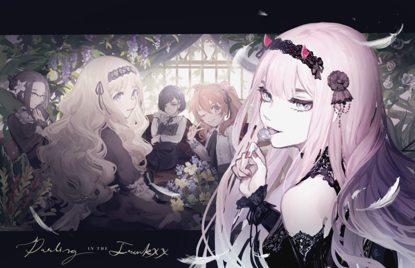1girl 5girls bangs bare_shoulders black_clothes black_dress black_hair black_hairband black_ribbon blonde_hair blue_flower book brown_hair candy close-up closed_mouth copyright_name curly_hair darling_in_the_franxx day dress facing_viewer feathers flower food from_side fruit glasses grey_eyes hair_between_eyes hair_flower hair_ornament hair_ribbon hairband holding holding_book holding_lollipop horns ichigo_(darling_in_the_franxx) ikuno_(darling_in_the_franxx) indoors k_(sktchblg) kokoro_(darling_in_the_franxx) light lips lollipop long_hair long_sleeves looking_at_viewer looking_back miku_(darling_in_the_franxx) multiple_girls nail_polish neck_ribbon neckwear one_eye_closed oni_horns open_mouth pink_hair pink_horns pink_nails plant puffy_long_sleeves puffy_sleeves ribbon short_hair sitting sleeveless smile solo strawberry twintails upper_body v white_flower window zero_two_(darling_in_the_franxx)