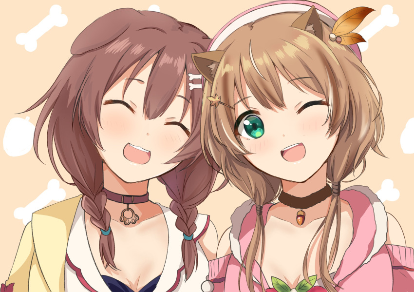 2girls acorn animal_ears ayunda_risu bone_hair_ornament braid breasts brown_hair cardigan cleavage closed_eyes collar commentary dinosaurus_(azimangasaurus) dog_ears dog_girl green_eyes hair_ornament hairclip highres hololive hololive_indonesia inugami_korone leaf_hair_ornament low_twintails multiple_girls one_eye_closed open_cardigan open_clothes open_mouth simple_background smile squirrel_ears squirrel_girl twin_braids twintails upper_teeth