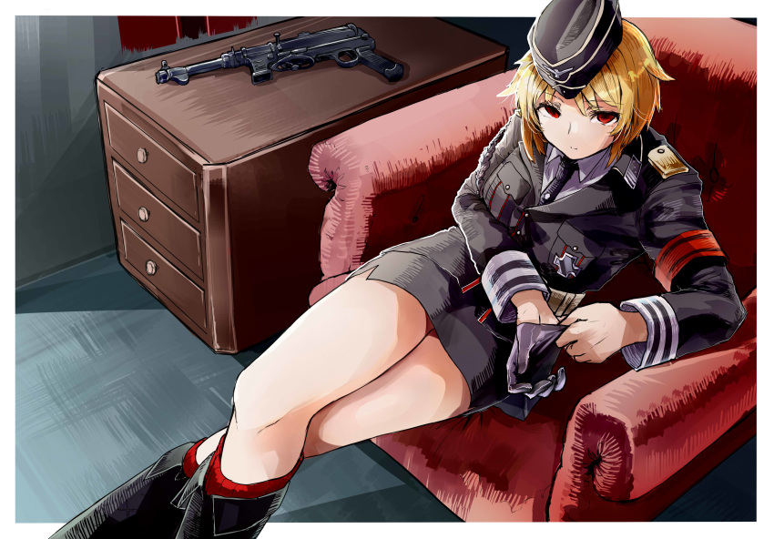 1girl absurdres adjusting_clothes adjusting_gloves armband bangs black_footwear black_gloves black_headwear black_skirt blonde_hair boots breast_pocket chair crossed_legs eyebrows_visible_through_hair garrison_cap girls_frontline gloves gun hat highres iron_cross kyoyakyo long_sleeves military military_uniform mp40 mp40_(girls_frontline) necktie pocket red_eyes short_hair sitting skirt solo submachine_gun uniform weapon