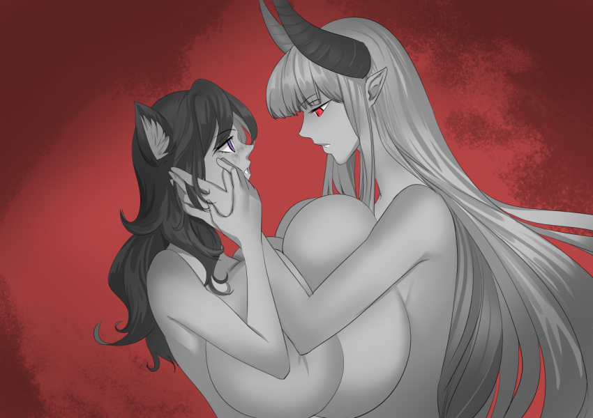 animal_humanoid bakki breast_size_difference breast_squish breasts breasts_frottage duo female female/female hand_on_face horn horned_humanoid humanoid larger_female purple_eyes red_eyes size_difference smaller_female squish