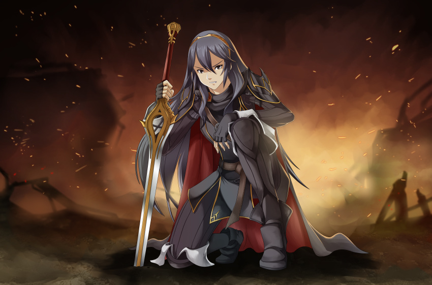 2016 absurd_res annoyed embers female fire_emblem hi_res human human_only indy-k kneeling looking_at_viewer lucina mammal melee_weapon nintendo not_furry solo story_at_source sword video_games weapon