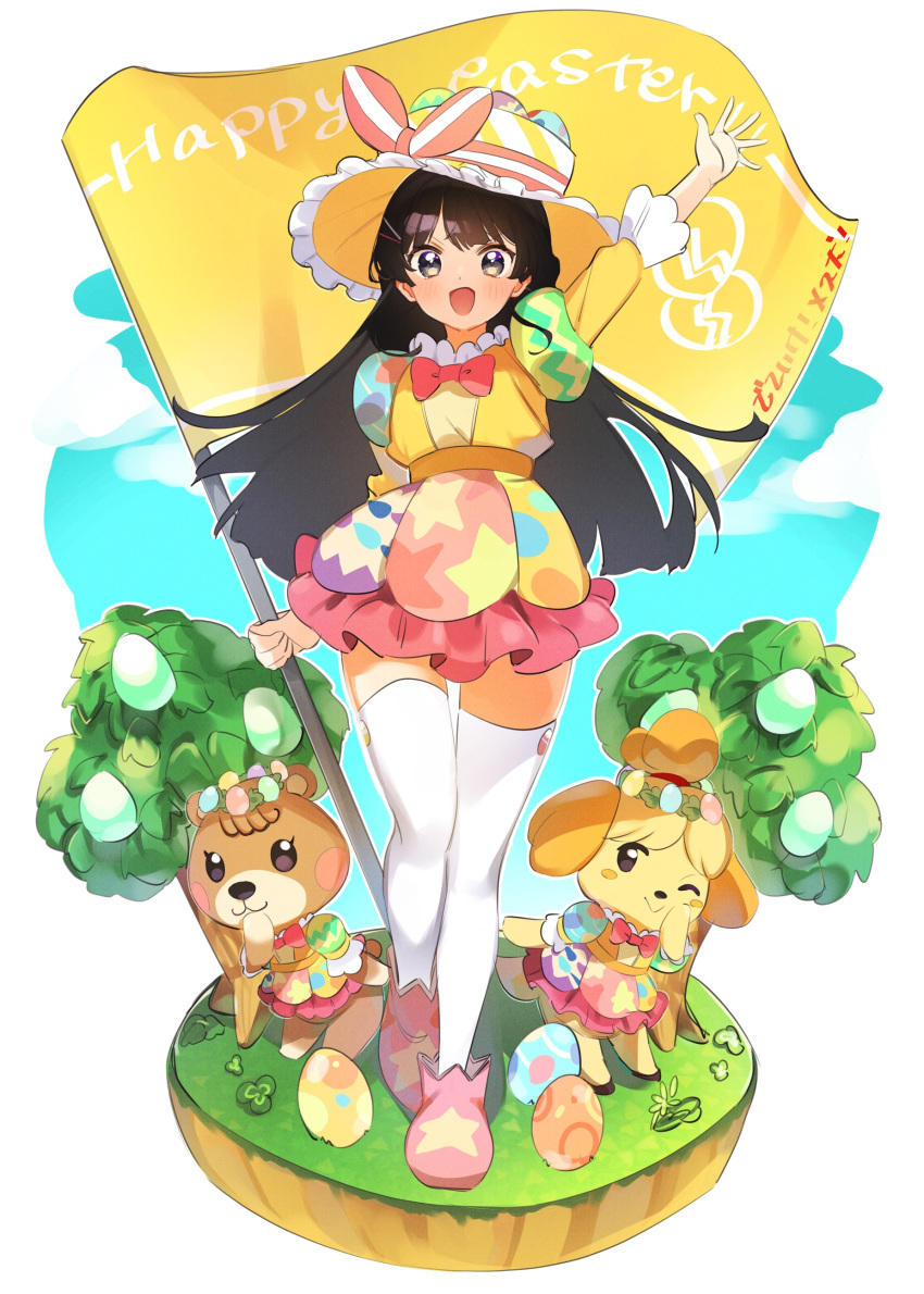 3girls absurdres alternate_costume arm_up black_hair blush character_request doubutsu_no_mori easter easter_egg egg eyebrows_visible_through_hair flag full_body green_eyes hair_ornament hairclip happy_easter highres holding holding_flag kuma_daigorou long_hair long_sleeves looking_at_viewer multiple_girls nijisanji open_mouth puffy_long_sleeves puffy_sleeves shizue_(doubutsu_no_mori) smile thighhighs translation_request tree tsukino_mito virtual_youtuber white_legwear
