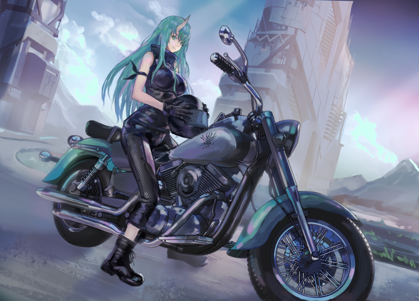 arknights denki green_hair horns hoshiguma_(arknights) long_hair motorcycle
