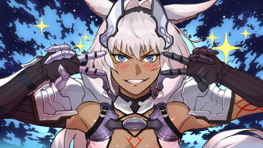 1girl animal_ears bangs beppu_mitsunaka black_gloves blue_background blue_eyes blush body_markings breasts caenis_(fate) dark_skin double_v elbow_gloves emotional_engine_-_full_drive fate/grand_order fate_(series) gauntlets gloves grin hair_intakes hairband hands_up headpiece highres large_breasts long_hair looking_at_viewer parody pauldrons ponytail smile solo sparkle splashing tattoo v very_long_hair water white_bikini_top white_hair