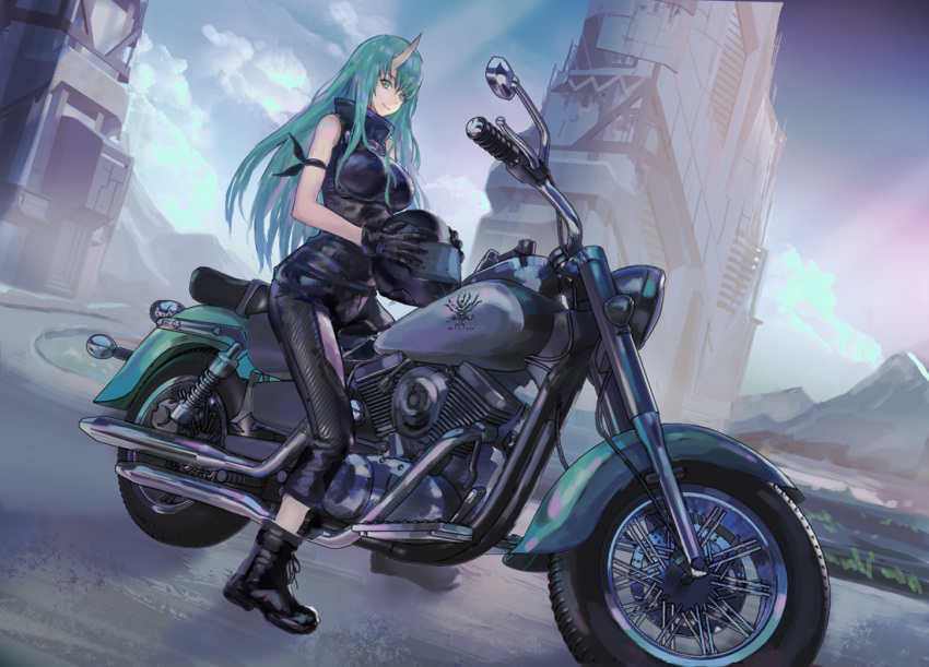 1girl ankle_boots arknights arm_ribbon bangs bare_arms bare_shoulders black_footwear black_gloves black_pants black_ribbon black_shirt blue_sky boots breasts cloud commentary_request denki dutch_angle gloves green_eyes green_hair ground_vehicle helmet high_collar holding holding_helmet horn hoshiguma_(arknights) large_breasts long_hair looking_at_viewer motor_vehicle motorcycle motorcycle_helmet outdoors pants ribbon shirt sky sleeveless sleeveless_shirt smile solo