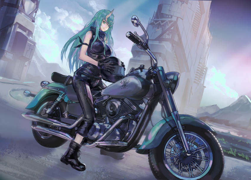 1girl ankle_boots arknights arm_ribbon bangs bare_arms bare_shoulders black_footwear black_gloves black_pants black_ribbon black_shirt blue_sky boots breasts cloud commentary_request denki dutch_angle gloves green_eyes green_hair ground_vehicle helmet high_collar holding holding_helmet horn hoshiguma_(arknights) large_breasts long_hair looking_at_viewer motor_vehicle motorcycle motorcycle_helmet outdoors pants revision ribbon shirt sky sleeveless sleeveless_shirt smile solo