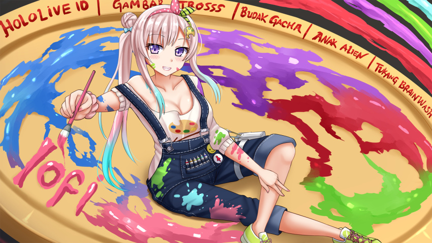 1girl airani_iofifteen bangs blue_bow blue_hair blush bow breasts character_name cleavage collarbone commentary_request eyebrows_visible_through_hair gradient_hair green_footwear grin hair_between_eyes hair_bow hair_bun highres holding holding_paintbrush hololive hololive_indonesia kazenokaze light_brown_hair medium_breasts multicolored_hair nail_polish overalls paint_on_clothes paint_on_face paint_splatter paintbrush pink_nails pink_scrunchie purple_eyes scrunchie shirt shoes side_bun side_ponytail sitting smile solo virtual_youtuber w white_shirt wrist_scrunchie