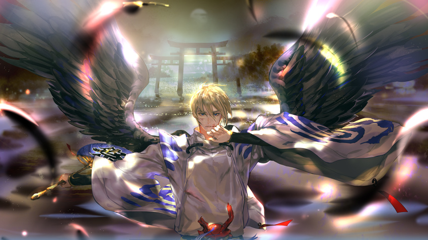 1boy bangs black_wings blonde_hair blood blood_on_face bloody_clothes blue_eyes bruise bruise_on_face closed_mouth cloud cloudy_sky covering_mouth daitengu_(onmyoji) fan feathered_wings feathers fire fog full_moon hair_between_eyes hand_over_own_mouth holding holding_fan hurt injury japanese_clothes layered_clothing long_sleeves looking_at_viewer male_focus mask mask_removed moon motion_blur multiple_torii nature onmyoji outstretched_arm paper_fan red_ribbon reverse_grip ribbon say_hana sky solo spread_wings tengu_mask uchiwa upper_body wide_sleeves wind wings