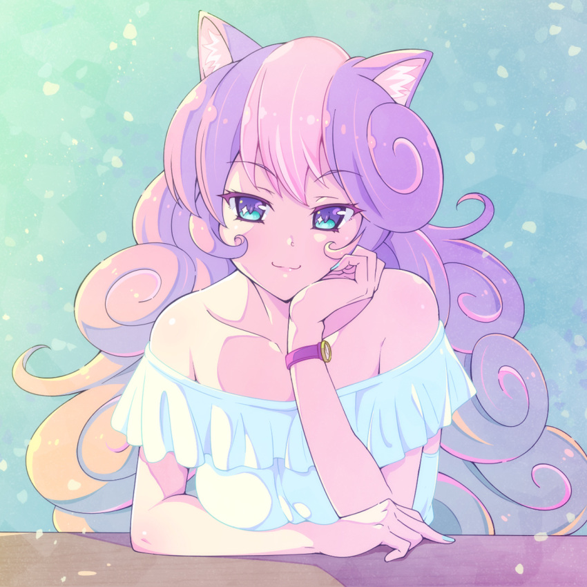 1girl animal_ears bangs bare_shoulders blue_eyes blue_nails cat_ears character_request chin_rest collarbone curly_hair e20 elbows_on_table frilled_shirt frills highres long_hair nail_polish off-shoulder_shirt off_shoulder pink_hair shirt show_by_rock!! smile solo sparkling_eyes upper_body watch white_shirt wristwatch