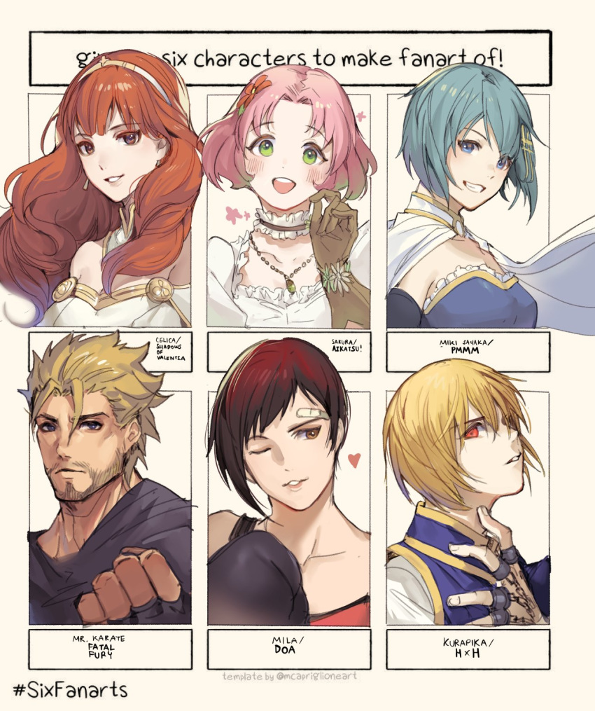 aikatsu!_(series) bandage_over_one_eye bangs bare_shoulders blonde_hair blue_eyes blue_hair boxing_gloves brown_eyes cape celica_(fire_emblem) choker clenched_hand dead_or_alive dead_or_alive_5 facial_hair fatal_fury fire_emblem fire_emblem_echoes:_shadows_of_valentia green_eyes grey_eyes heart highres hunter_x_hunter kitaouji_sakura kurapika mahou_shoujo_madoka_magica miki_sayaka mila_(doa) mr_karate pink_hair red_eyes red_hair short_hair six_fanarts_challenge stubble velahka