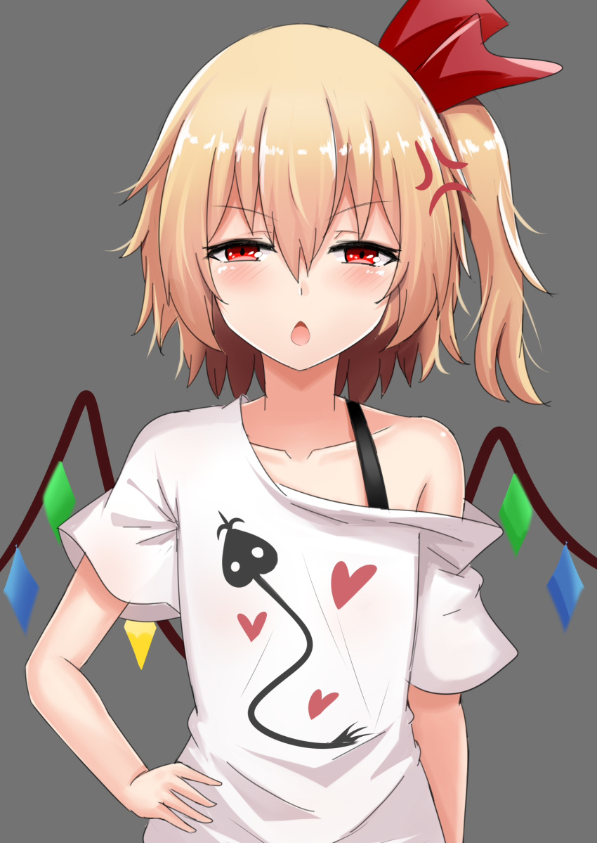 1girl anger_vein bangs bare_shoulders blonde_hair blush bra_strap chinese_commentary commentary_request crystal eyebrows_visible_through_hair flandre_scarlet grey_background hair_between_eyes hair_ribbon hand_on_hip heart highres laevatein looking_at_viewer no_hat no_headwear off-shoulder_shirt off_shoulder one_side_up open_mouth red_eyes red_ribbon ribbon shirt short_hair short_sleeves simple_background solo t-shirt touhou upper_body white_shirt wings wuwusan