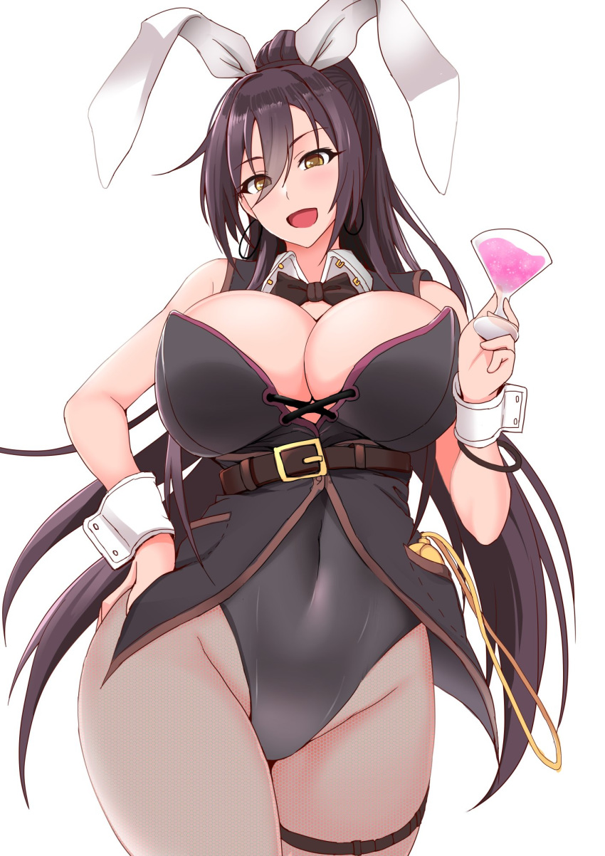 1girl animal_ears bangs bare_shoulders belt black_bow black_hair black_leotard blush bow bowtie breasts bunny_ears bunnysuit cleavage cocktail_glass covered_navel cup detached_collar drinking_glass hair_between_eyes hand_on_hip high_ponytail highleg highleg_leotard highres idolmaster idolmaster_shiny_colors large_breasts leotard long_hair looking_at_viewer moo_yoshio pantyhose ponytail shirase_sakuya simple_background smile solo thigh_strap thighs underbust white_background wrist_cuffs yellow_eyes