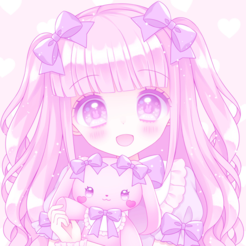 1girl :d bangs blush bow bunny-shaped_pupils commentary_request dress eyebrows_visible_through_hair hair_bow heart heart_background himetsuki_luna holding holding_stuffed_animal open_mouth original pink_background pink_hair puffy_short_sleeves puffy_sleeves purple_bow purple_dress purple_eyes short_sleeves smile solo stuffed_animal stuffed_bunny stuffed_toy symbol-shaped_pupils two_side_up upper_body