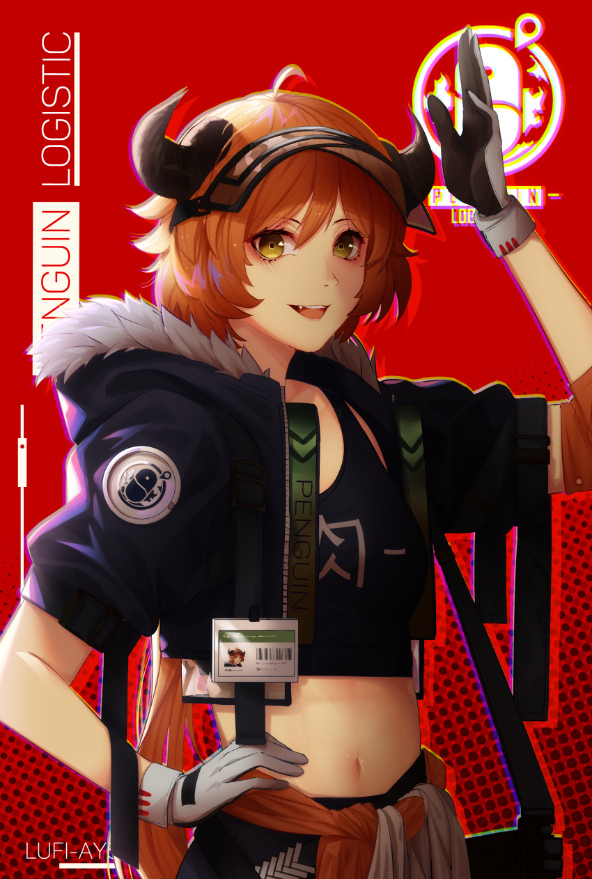 1girl absurdres ahoge arknights arm_up black_gloves blush brown_hair croissant_(arknights) crop_top fang gloves gumihiko hand_on_hip highres id_card looking_at_viewer multicolored multicolored_clothes multicolored_gloves navel open_mouth red_background short_hair smile solo upper_teeth white_gloves yellow_eyes