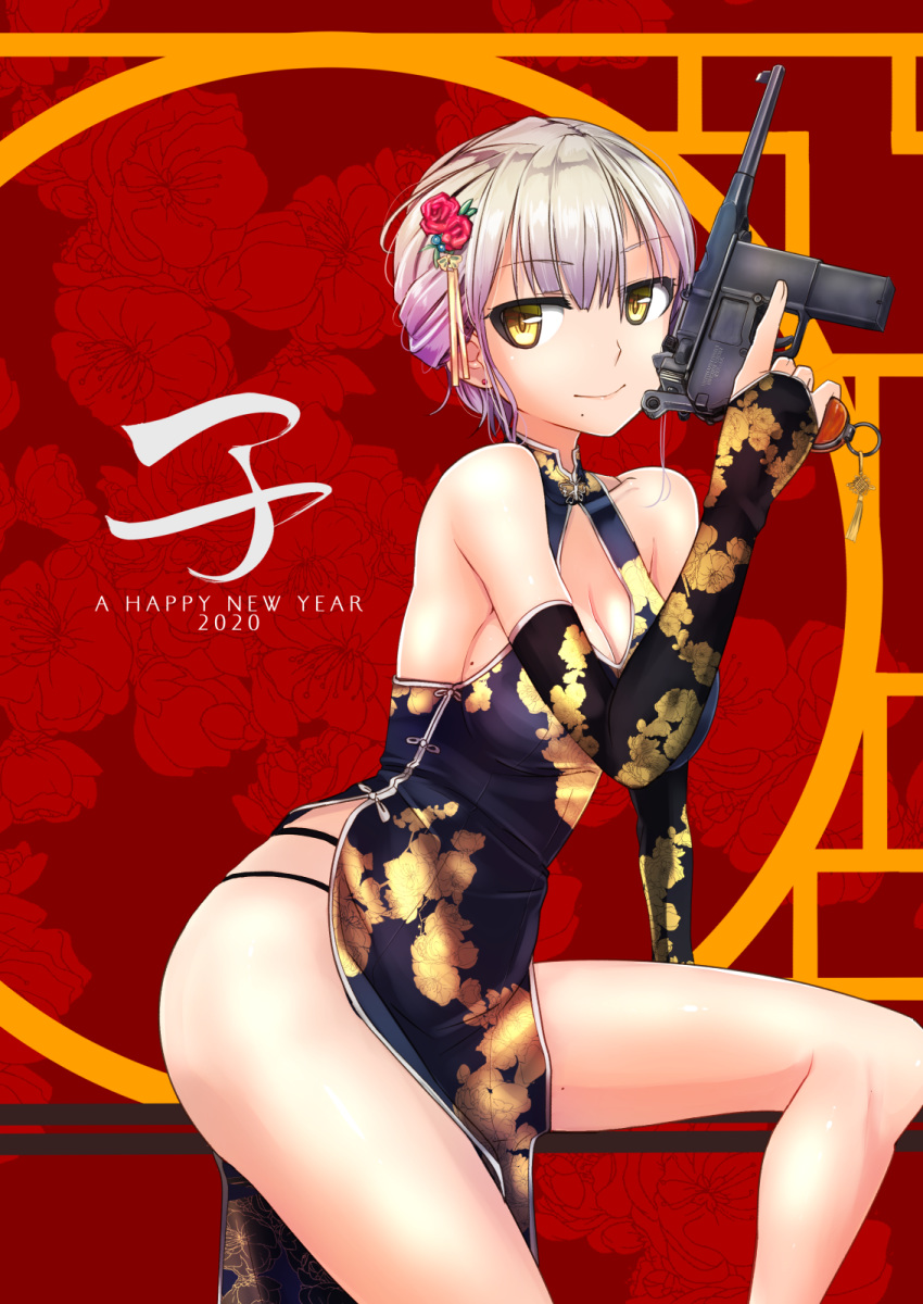 1girl 2020 bangs black_dress black_panties breasts china_dress chinese_clothes chinese_zodiac cleavage closed_mouth commentary dress earrings english_text eyebrows_visible_through_hair floral_background floral_print flower gun hair_flower hair_ornament halterneck handgun happy_new_year highres holding holding_gun holding_weapon jewelry leg_up long_sleeves looking_at_viewer mauser_c96 medium_dress medium_hair mole mole_under_mouth multi-strapped_panties new_year original panties print_dress short_hair side_slit silver_hair sitting smile solo stud_earrings tied_hair tokihama_jirou trigger_discipline underwear weapon year_of_the_rat yellow_eyes