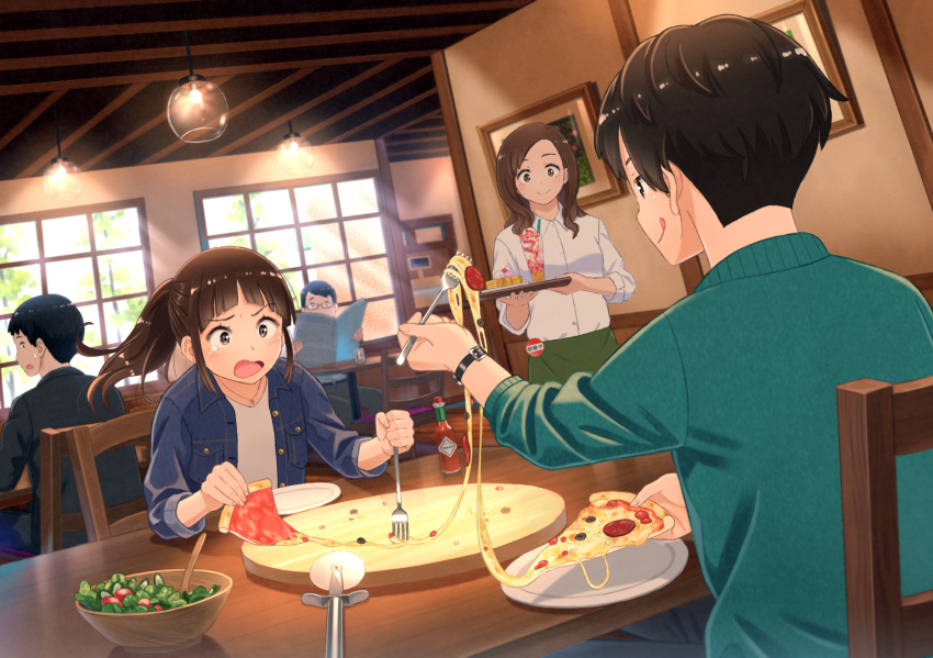 2girls 3boys bangs black_hair blunt_bangs brown_eyes brown_hair dutch_angle eating eyebrows_visible_through_hair food fork highres ice_cream indoors jewelry long_hair looking_at_another multiple_boys multiple_girls necklace open_mouth original pizza pizza_cutter ponytail restaurant salad short_hair smile sundae taka_(tsmix) tray waitress watch wristwatch