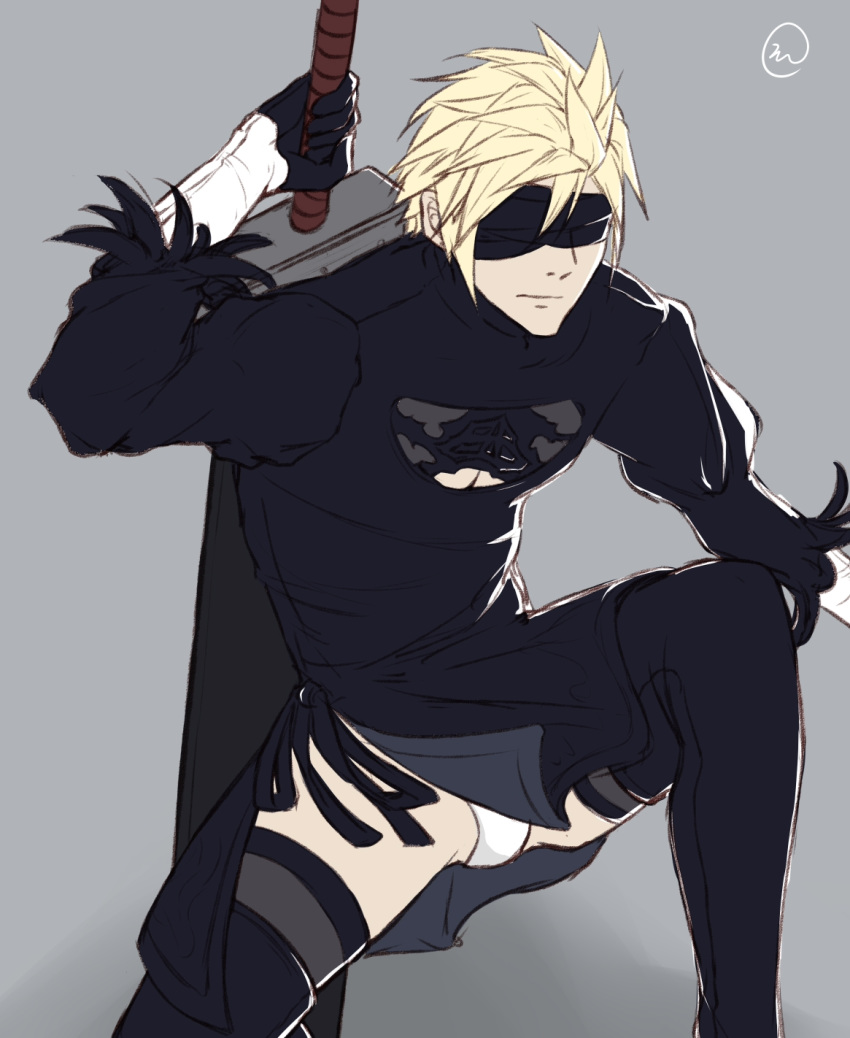 1boy black_blindfold black_dress black_gloves blindfold blonde_hair boots buster_sword cleavage_cutout cloud_strife cosplay covered_eyes crossdressing dress feather-trimmed_sleeves final_fantasy final_fantasy_vii final_fantasy_vii_remake gloves highres huge_weapon juliet_sleeves leg_up long_sleeves male_focus nier_(series) nier_automata panties pantyshot pantyshot_(standing) puffy_sleeves side_slit solo spiked_hair standing thigh_boots thighhighs thighhighs_under_boots underwear vambraces weapon white_panties yorha_no._2_type_b yorha_no._2_type_b_(cosplay)