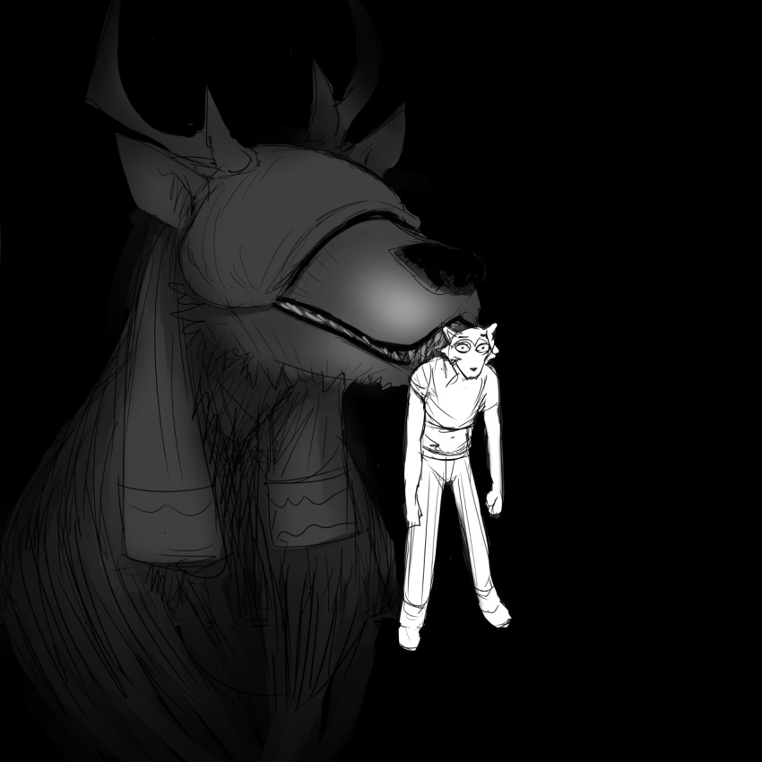 1:1 anthro antlers beast_(bloodborne) beastars black_background blindfold bloodborne canid canine canis comic duo female fromsoftware hi_res hladilnik horn in_mouth legoshi_(beastars) male mammal sharp_teeth simple_background sony_corporation sony_interactive_entertainment teeth vicar_amelia video_games wolf