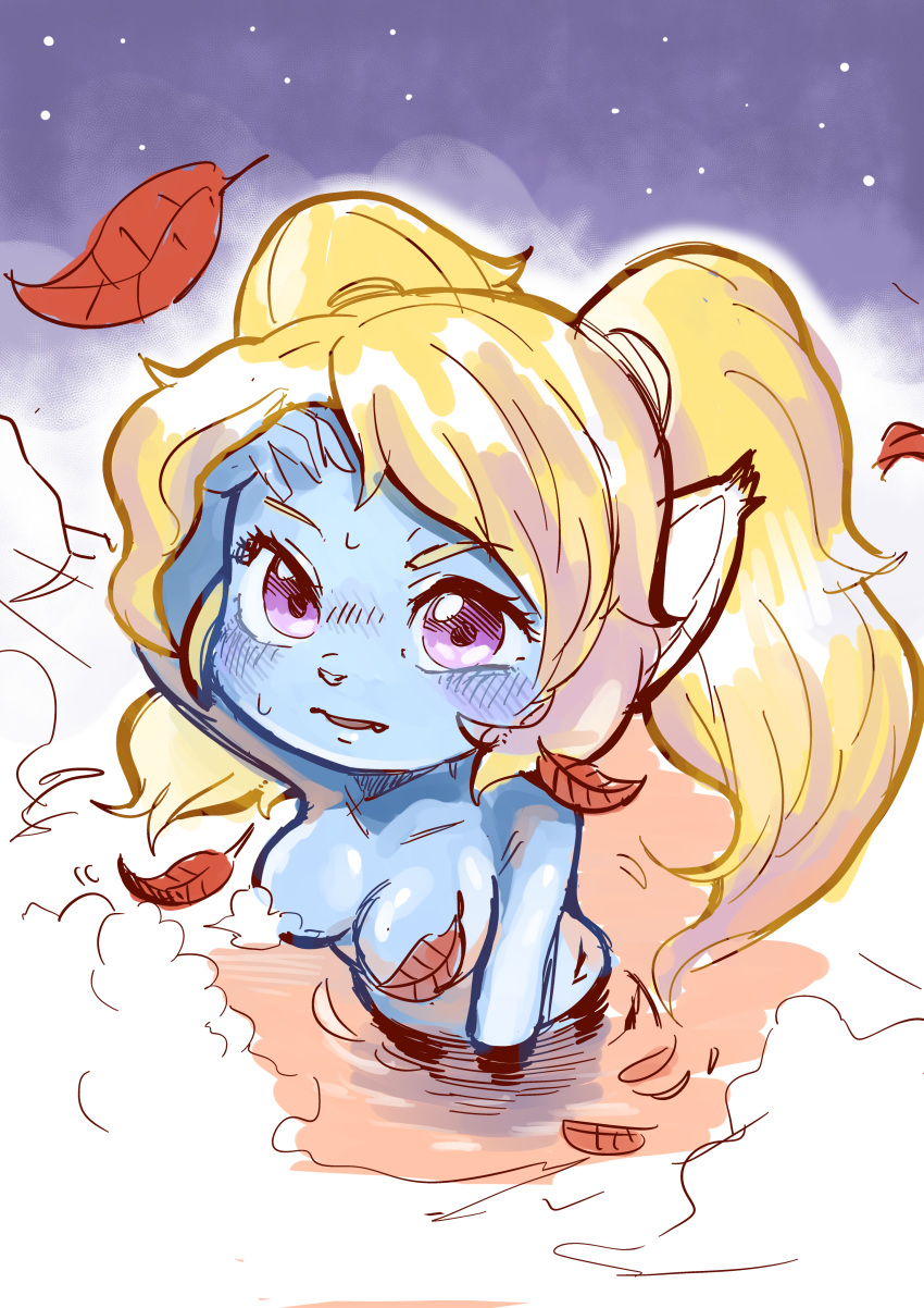 absurd_res blonde_eyebrows blonde_hair blue_blush blue_body blue_skin blush bodily_fluids breasts collarbone convenient_censorship eyebrow_through_hair eyebrows eyelashes falling_leaves fangs female glistening glistening_eyes hair hand_on_head hi_res humanoid_pointy_ears leaf league_of_legends long_hair looking_at_viewer night nude open_mouth partially_submerged pigtails poppy_(lol) purple_eyes riot_games solo steam steam_censorship sweat sweatdrop translucent translucent_hair uyu video_games water yordle