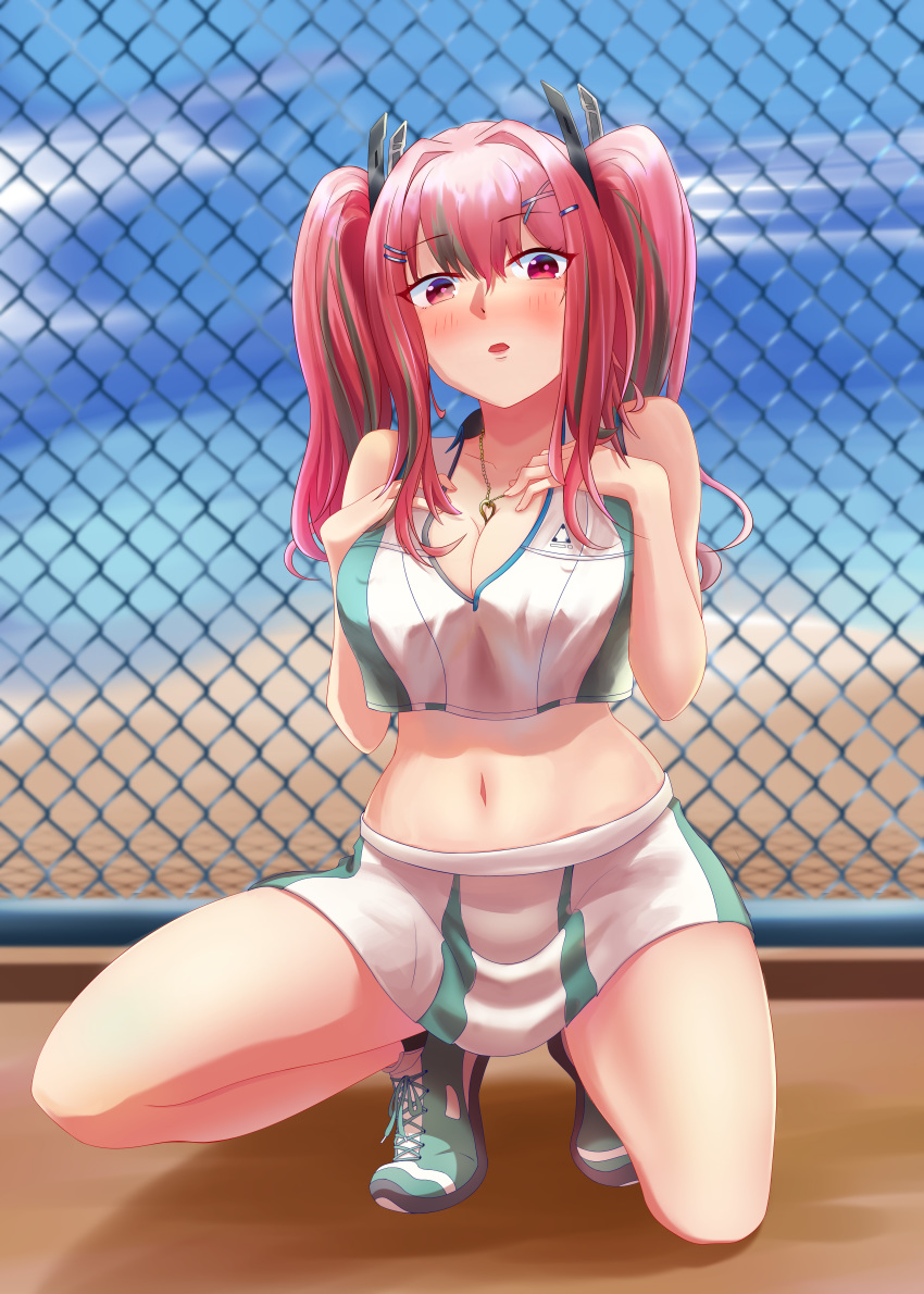 1girl :0 absurdres azur_lane bangs bare_legs bare_shoulders beach blue_sky blurry blurry_background blush breast_suppress breasts bremerton_(azur_lane) bremerton_(scorching-hot_training)_(azur_lane) chain-link_fence cleavage cloud collarbone collared_shirt commentary_request covered_nipples crop_top crop_top_overhang day eyebrows_visible_through_hair fence full_body green_footwear green_skirt grey_hair hair_between_eyes hair_intakes hair_ornament hairclip heart heart_necklace highres large_breasts li_fanfan long_hair looking_at_viewer midriff multicolored_hair navel no_mole ocean open_mouth outdoors pink_eyes pink_hair sand shadow shirt shoes sidelocks skirt sky sleeveless sleeveless_shirt sneakers solo sportswear squatting streaked_hair tennis_uniform thighs twintails two-tone_hair two-tone_shirt two-tone_skirt white_shirt white_skirt x_hair_ornament