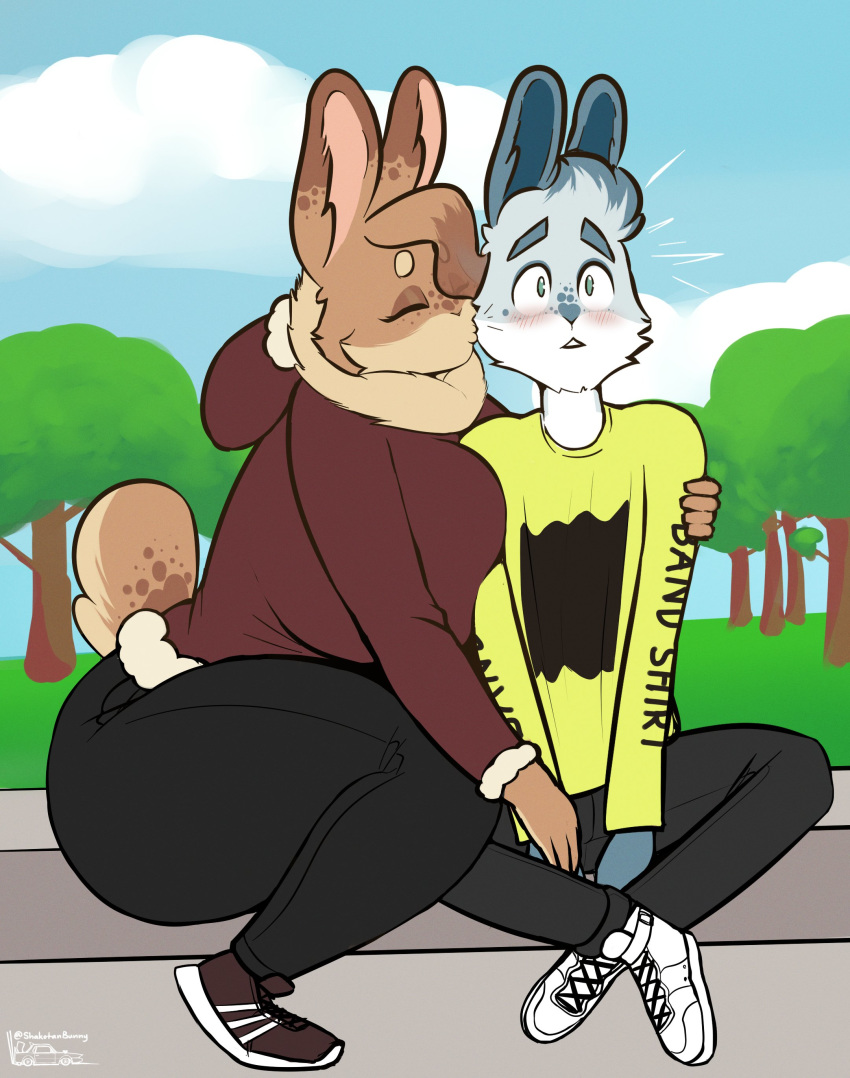 2020 absurd_res anthro blue_body blue_fur blush bottomwear breast_squish breasts clothed clothing crossed_legs crouching dewlap_(anatomy) duo eyelashes eyes_closed facial_tuft female footwear fully_clothed fur green_eyes hair hair_over_eye hazel_(shakotanbunny) hi_res hoodie hug kissing klaus_(shakotanbunny) lagomorph legwear leporid male mammal one_eye_obstructed outside pants rabbit shakotanbunny shirt shoes signature sitting sky sneakers squeezing squish surprise t-shirt tan_body tan_fur topwear tree white_body white_fur