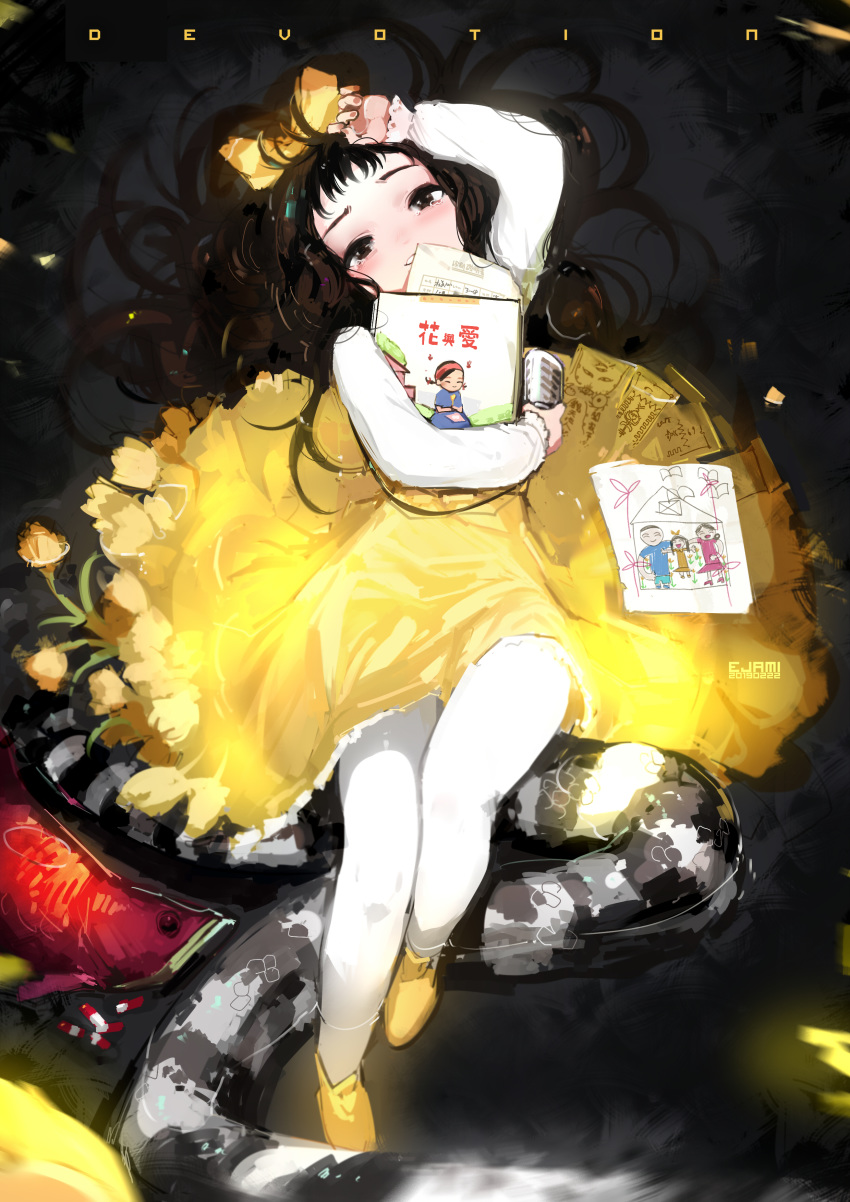 1girl absurdres bow devotion dress du_meishin ejami flower graphite_(medium) hair_bow highres long_hair looking_at_viewer pantyhose shirt solo traditional_media white_legwear white_shirt yellow_bow yellow_dress yellow_flower