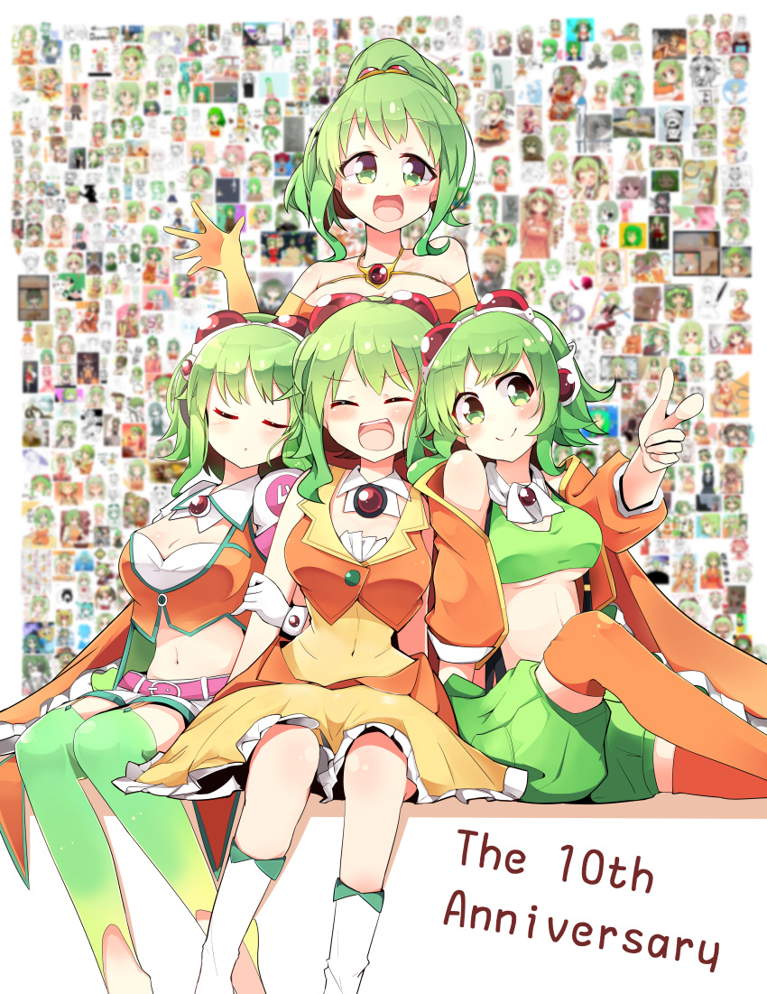 4girls absurdres amulet anniversary artist_self-reference belt blush boots breasts commentary crop_top elbow_gloves facing_viewer finger_gun gloves goggles goggles_on_head green_skirt gumi highres huge_filesize jacket knee_boots looking_at_viewer medium_breasts multiple_girls multiple_persona open_mouth orange_gloves orange_jacket orange_legwear orange_shirt orange_skirt pachio_(patioglass) pointing pointing_at_viewer red_goggles shirt sitting skirt sleeping smile strapless suspenders thighhighs tubetop vocaloid waving