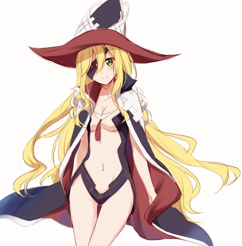 1girl black_cape black_eyepatch blonde_hair blush breasts cape cleavage collarbone commentary_request eyepatch green_eyes hair_between_eyes hat head_tilt highres long_hair looking_at_viewer medium_breasts navel nemu_mohu othinus red_cape smile solo thigh_gap to_aru_majutsu_no_index to_aru_majutsu_no_index:_new_testament two-tone_cape very_long_hair witch_hat