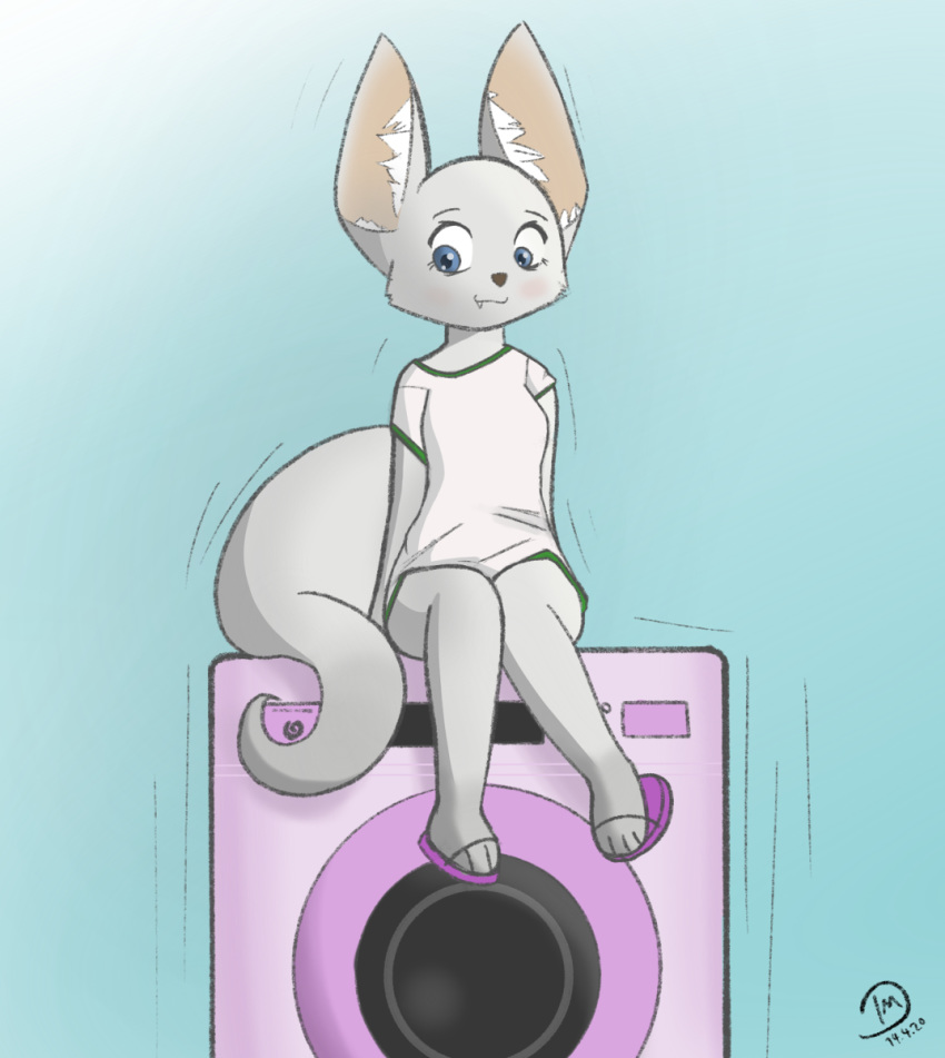 anthro banned_squid canid canine clothed clothing female fennec fox happy hi_res mammal sitting smile solo vibrating washing_machine