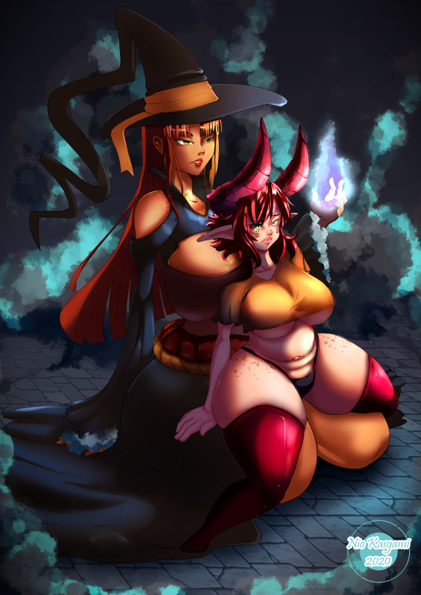 2020 animal_humanoid big_breasts blonde_hair breasts clothing dragon dragon_humanoid duo female hair hat headgear headwear hi_res horn human humanoid humanoid_pointy_ears kneeling long_hair magic magic_user mammal nio_kasgami princess_diagora red_hair short_stack slightly_chubby thick_thighs underwear witch witch_hat